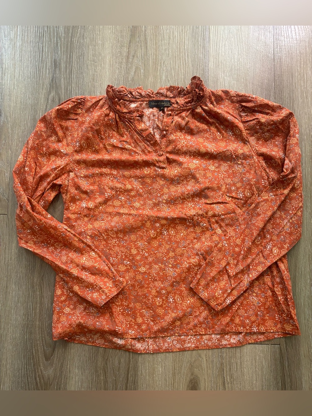 House of Harlow 1960 Rust Orange Floral Ruffled-Neck Long Sleeve Top